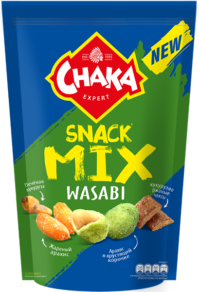 Chaka snack mix: Смесь из обжаренного арахиса, зерна кукурузы и кукурузно-ржаных чаксов со вкусом Васаби 150г